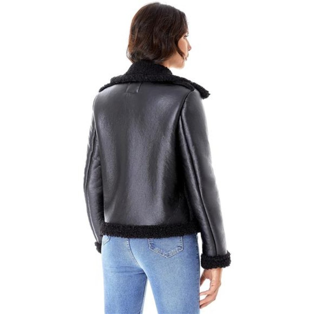 Black Sherpa Fur Trim Faux Shearing Fur Winter Coat Faux Leather Bomber Jacket - Picture 3 of 5